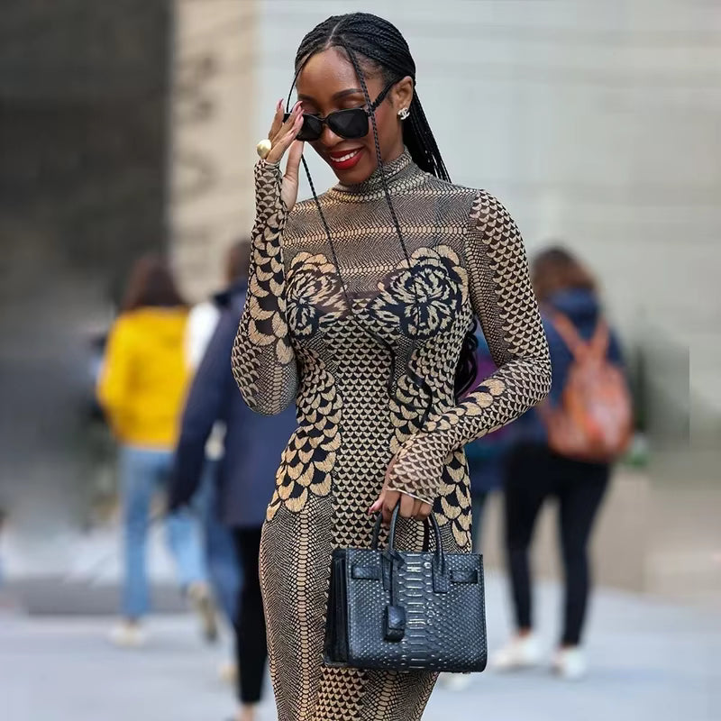 Trendy Mesh Sheer Long Sleeve Party Club Bodycon Midi Dress Streetwear