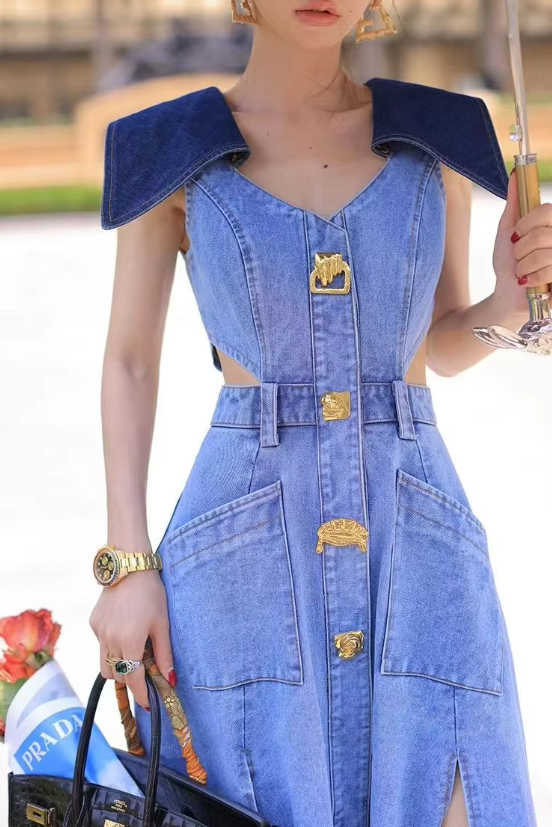 Trendy Metal Buckle Waist Hollow Out Sleeveless Split Denim Dresses