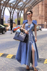 Trendy Metal Buckle Waist Hollow Out Sleeveless Split Denim Dresses