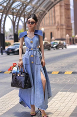 Trendy Metal Buckle Waist Hollow Out Sleeveless Split Denim Dresses