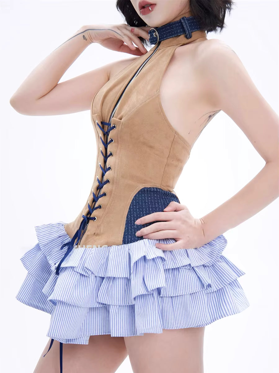 Trendy O-Neck High Waist Patchwork Zipper Spliced Lace Up Slimming Mini Dress