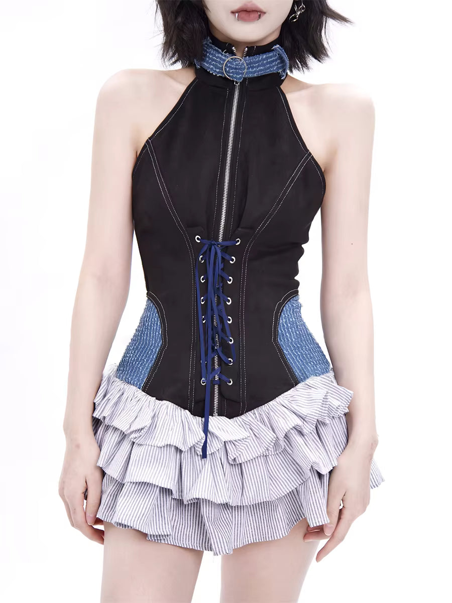 Trendy O-Neck High Waist Patchwork Zipper Spliced Lace Up Slimming Mini Dress
