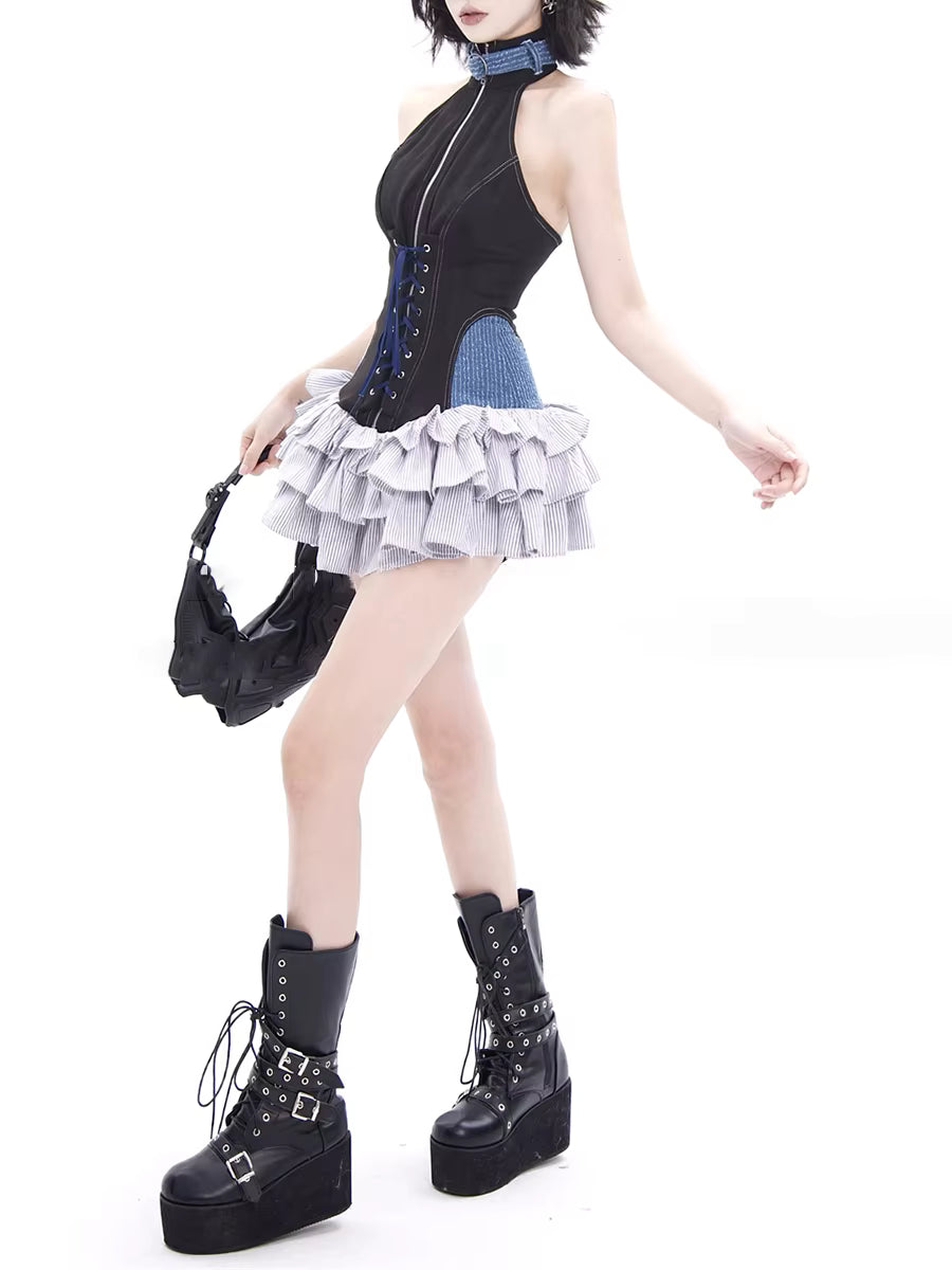 Trendy O-Neck High Waist Patchwork Zipper Spliced Lace Up Slimming Mini Dress