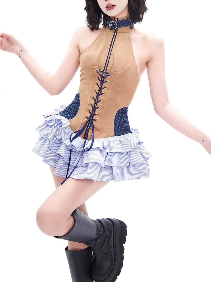 Trendy O-Neck High Waist Patchwork Zipper Spliced Lace Up Slimming Mini Dress