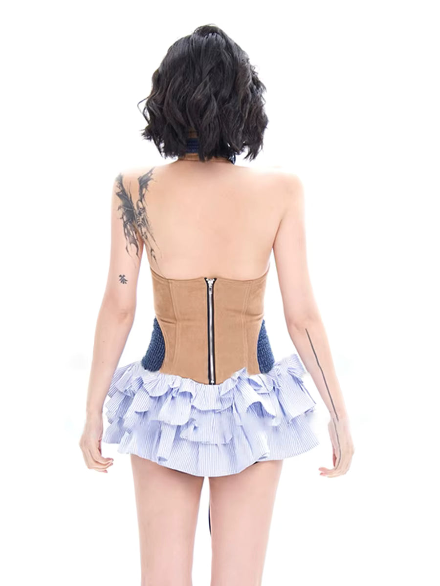Trendy O-Neck High Waist Patchwork Zipper Spliced Lace Up Slimming Mini Dress