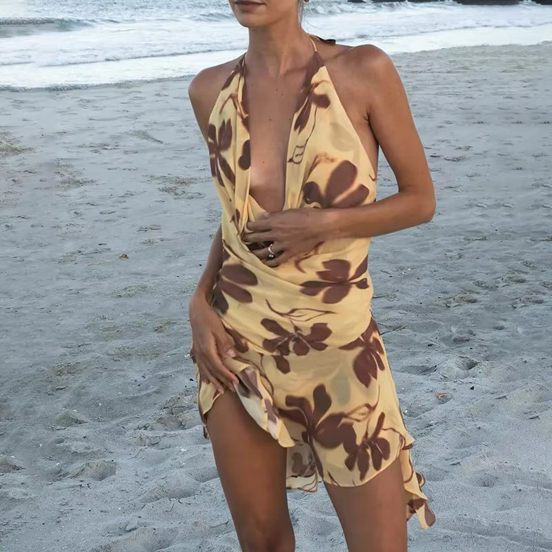 Trendy Printed Halter Deep V Neck Beach Style Mini Dress