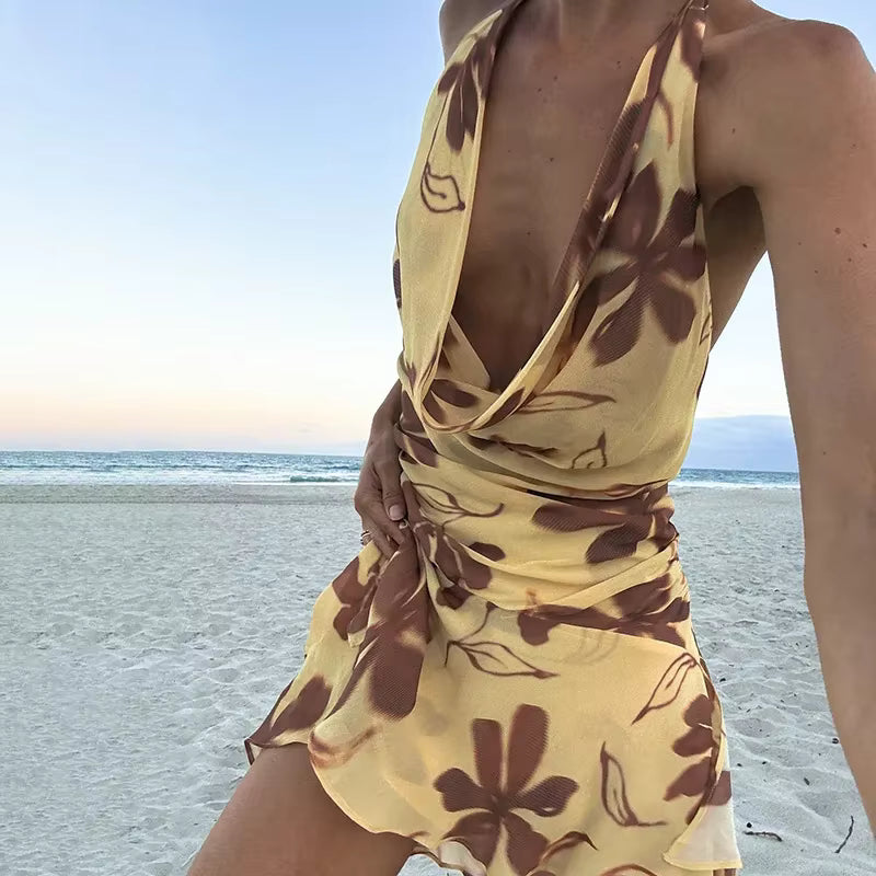 Trendy Printed Halter Deep V Neck Beach Style Mini Dress