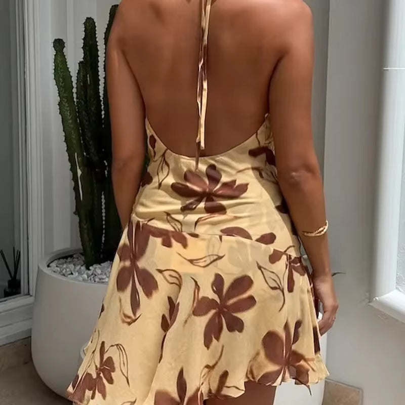 Trendy Printed Halter Deep V Neck Beach Style Mini Dress