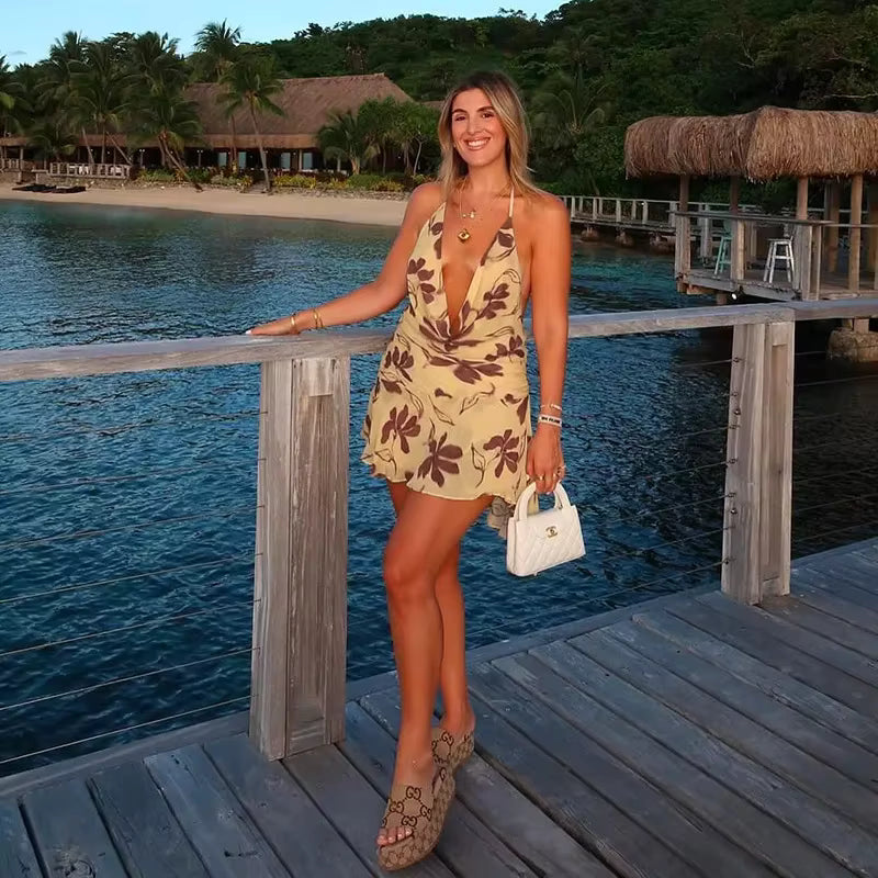 Trendy Printed Halter Deep V Neck Beach Style Mini Dress