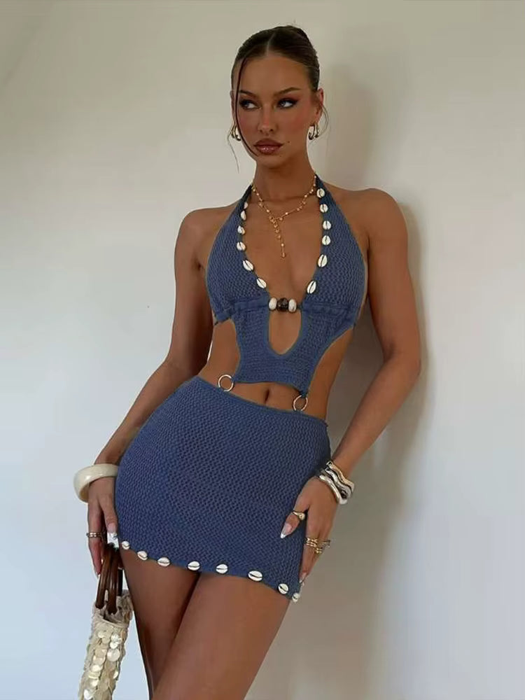 Trendy Pullover Spaghetti Strap Hollow Backless Pearl Hem Mini Dress