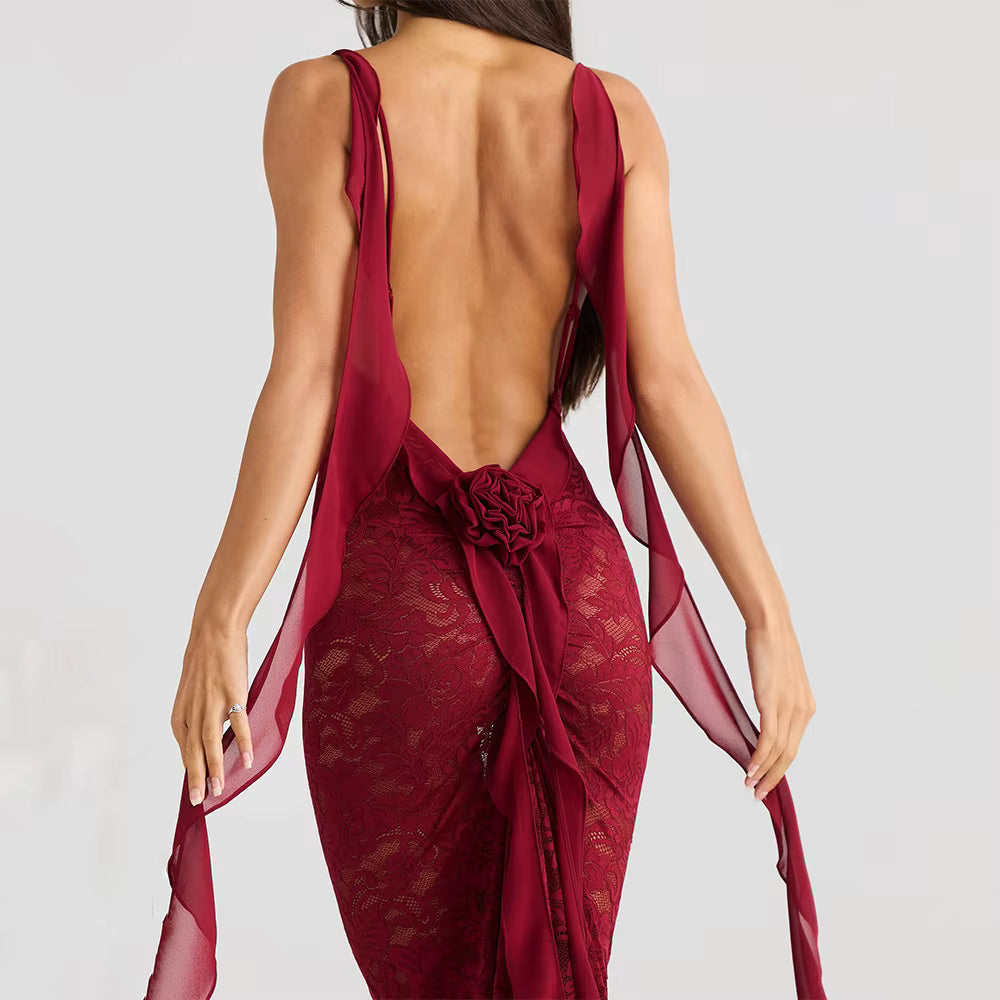 Trendy Pullover Spaghetti Strap Lace Patchwork Backless Maxi Dress