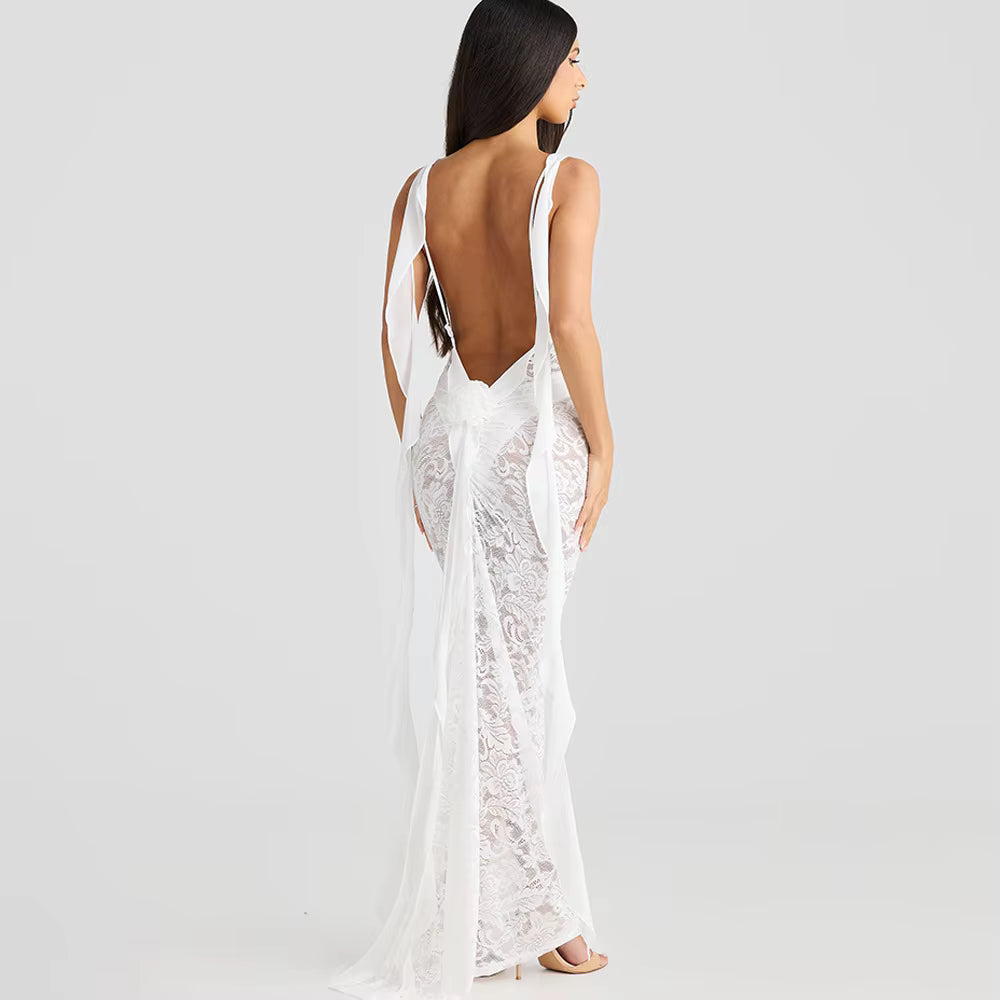 Trendy Pullover Spaghetti Strap Lace Patchwork Backless Maxi Dress