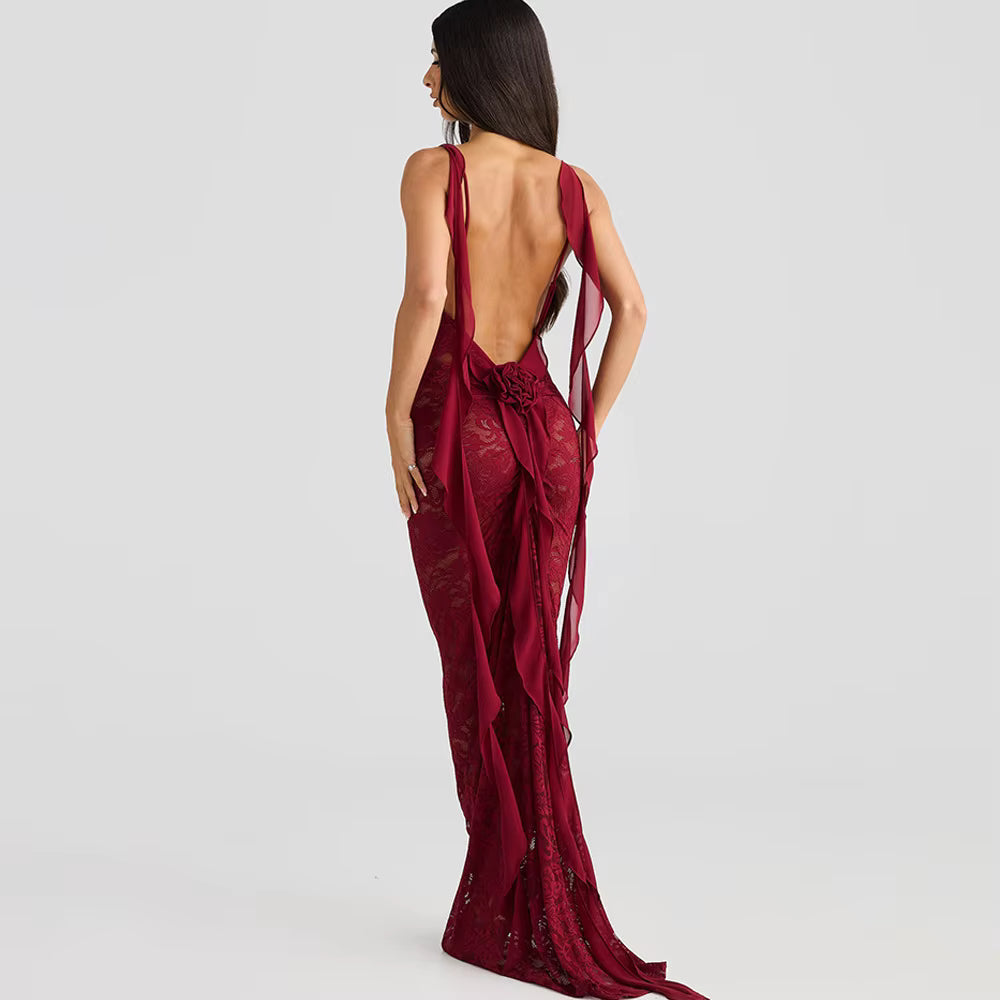 Trendy Pullover Spaghetti Strap Lace Patchwork Backless Maxi Dress