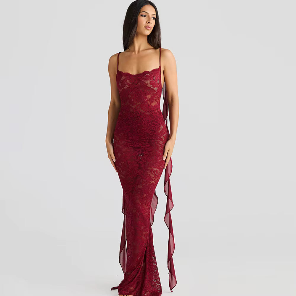Trendy Pullover Spaghetti Strap Lace Patchwork Backless Maxi Dress