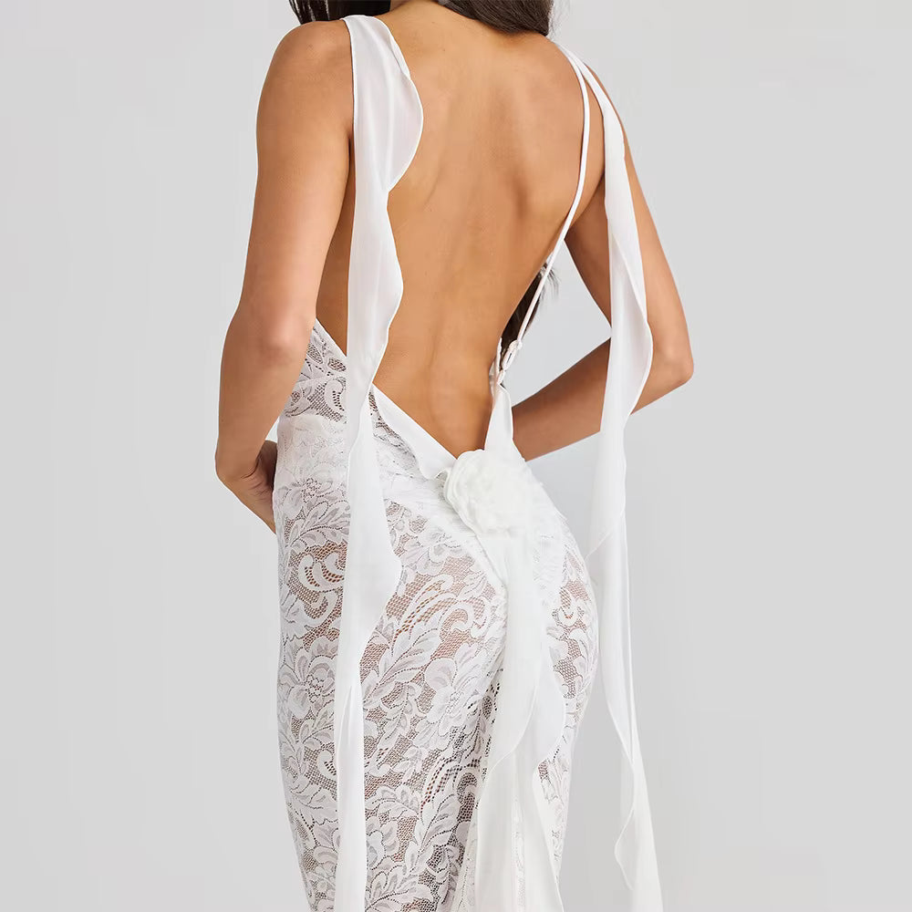Trendy Pullover Spaghetti Strap Lace Patchwork Backless Maxi Dress