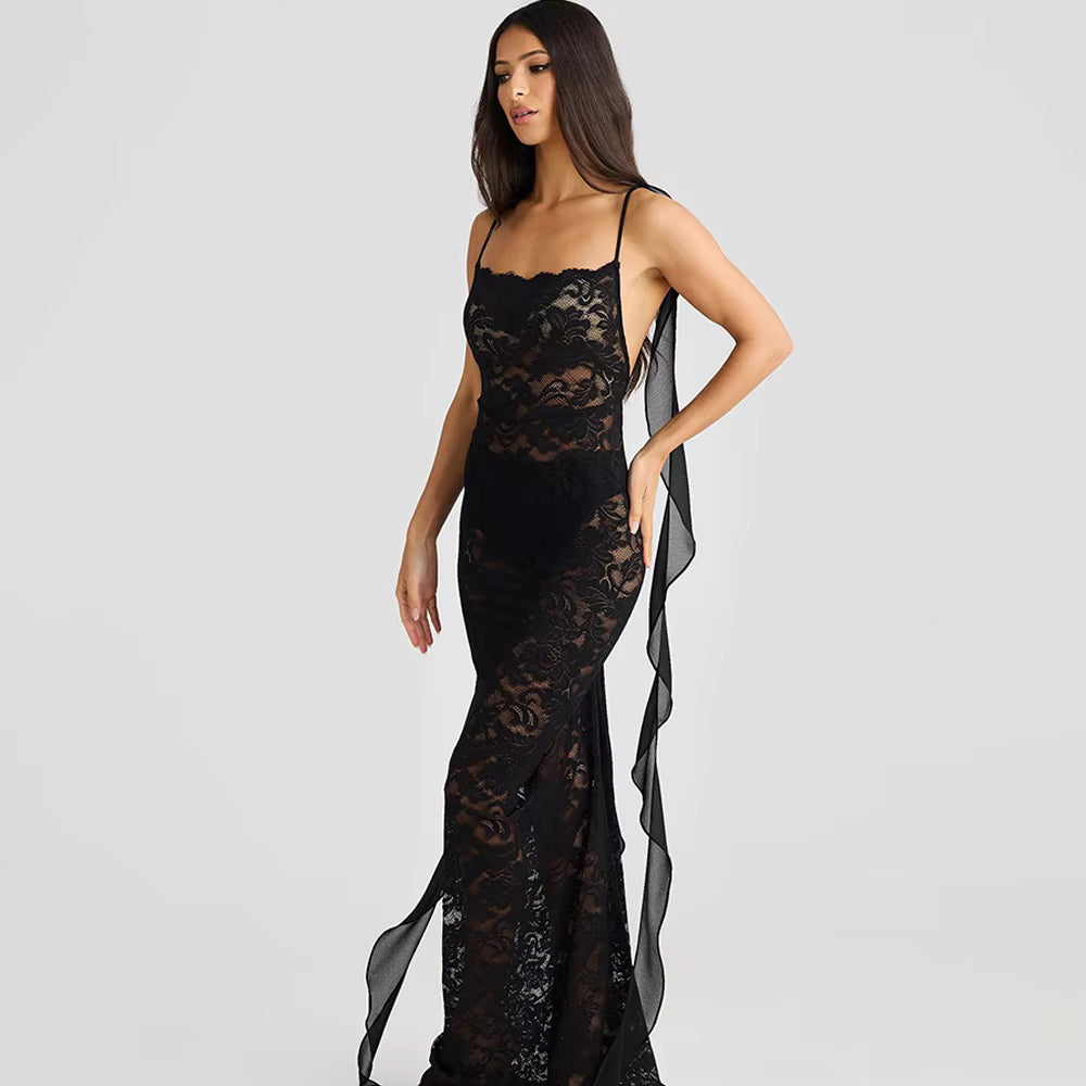 Trendy Pullover Spaghetti Strap Lace Patchwork Backless Maxi Dress