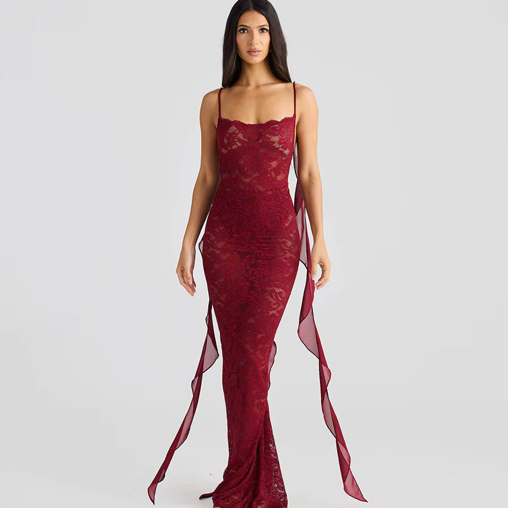 Trendy Pullover Spaghetti Strap Lace Patchwork Backless Maxi Dress