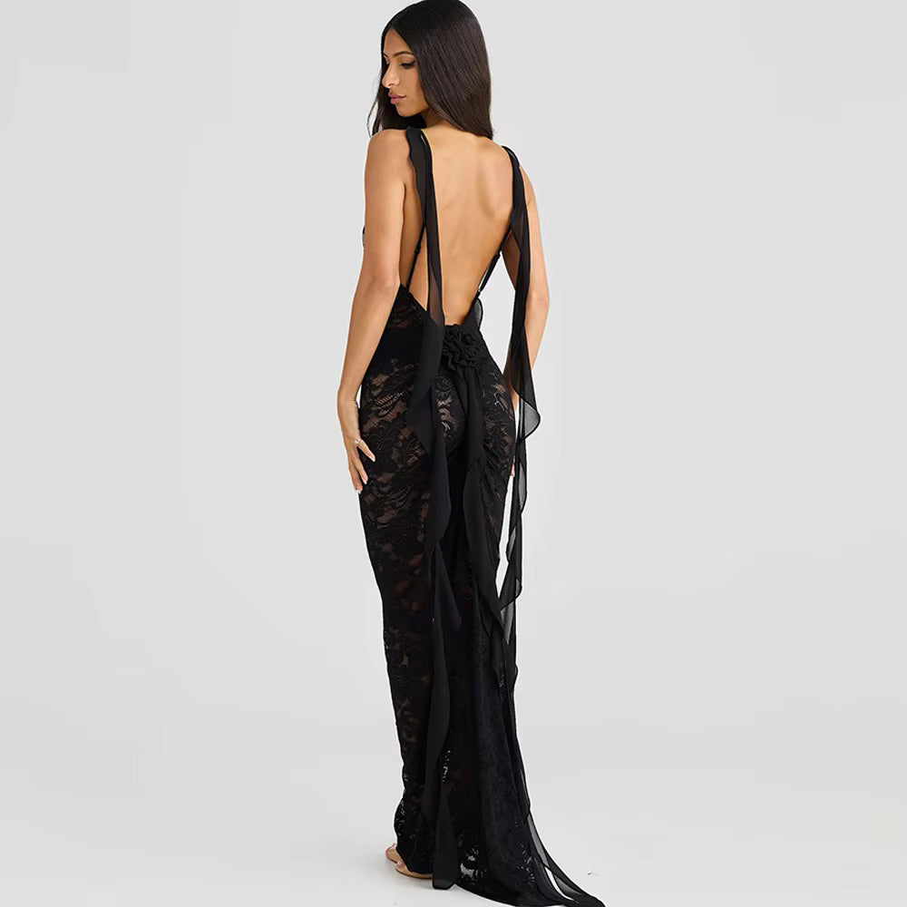 Trendy Pullover Spaghetti Strap Lace Patchwork Backless Maxi Dress