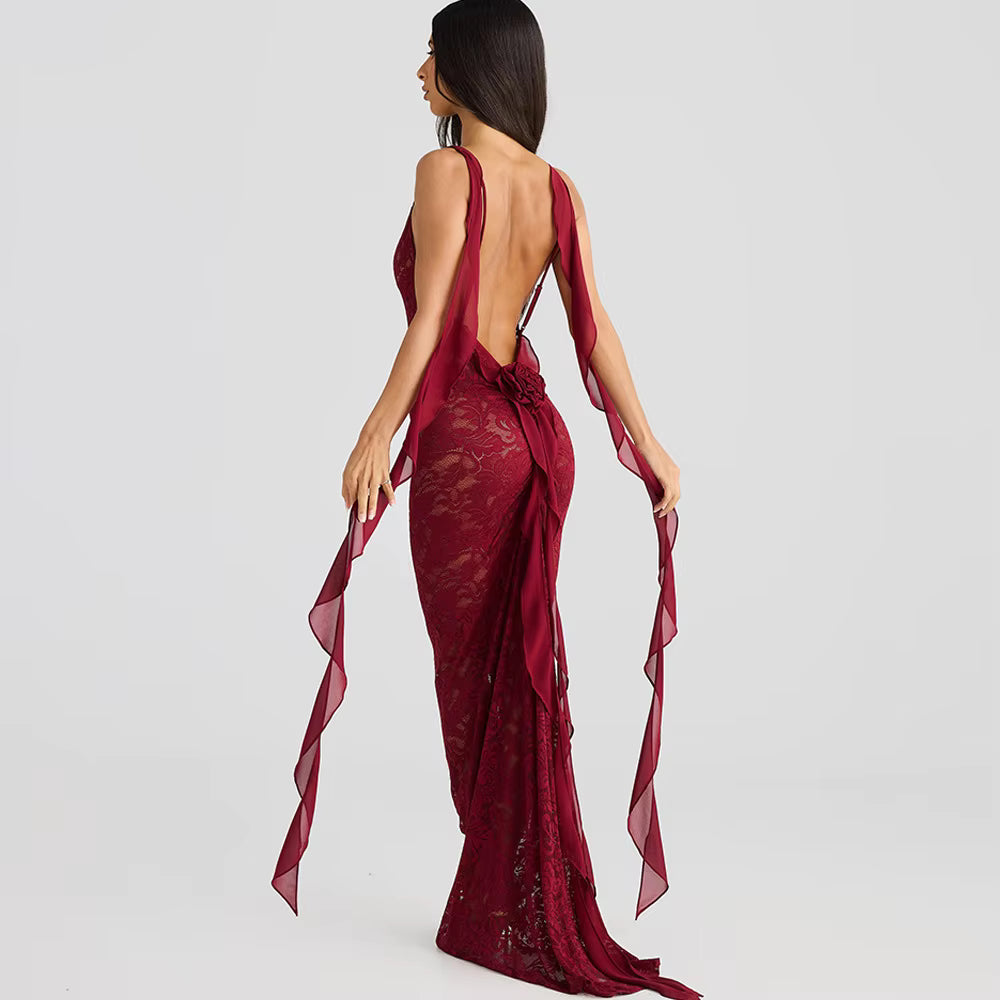 Trendy Pullover Spaghetti Strap Lace Patchwork Backless Maxi Dress