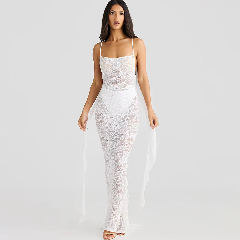 Trendy Pullover Spaghetti Strap Lace Patchwork Backless Maxi Dress
