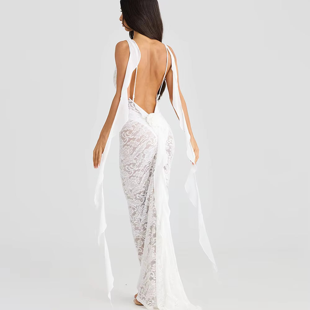 Trendy Pullover Spaghetti Strap Lace Patchwork Backless Maxi Dress
