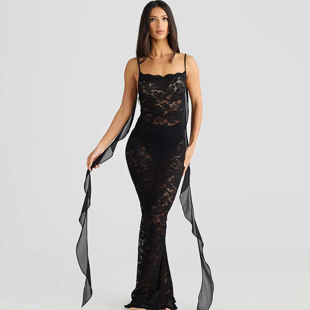 Trendy Pullover Spaghetti Strap Lace Patchwork Backless Maxi Dress