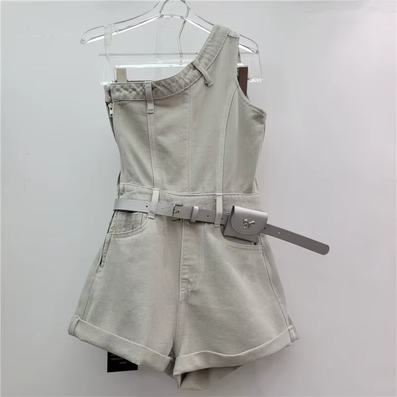 Trendy Single Shoulder Sleeveless Belt Design Rompers Denim Playsuit