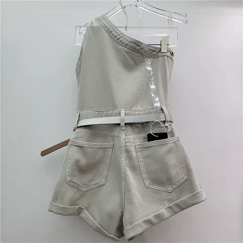 Trendy Single Shoulder Sleeveless Belt Design Rompers Denim Playsuit