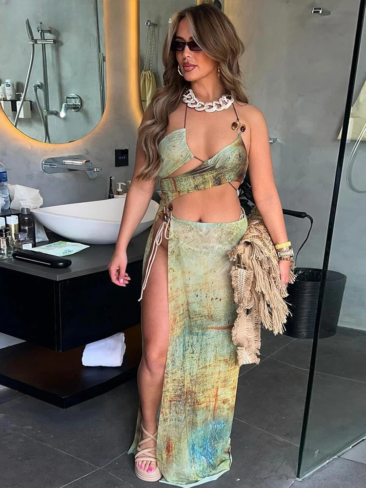 Trendy Sleeveless Waist-less Print Long Hollow Halter Bodycon Dress