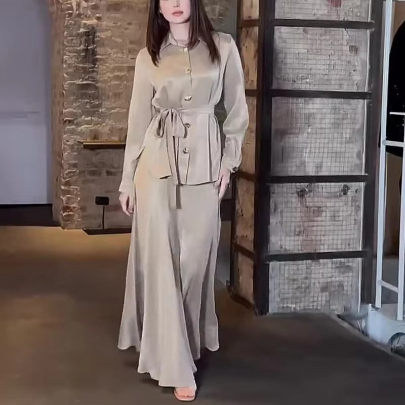 Trendy Solid Color Shirt Lace-up Waist Long Sleeve Casual Loose Dresses