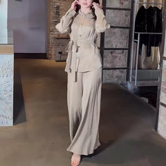Trendy Solid Color Shirt Lace-up Waist Long Sleeve Casual Loose Dresses