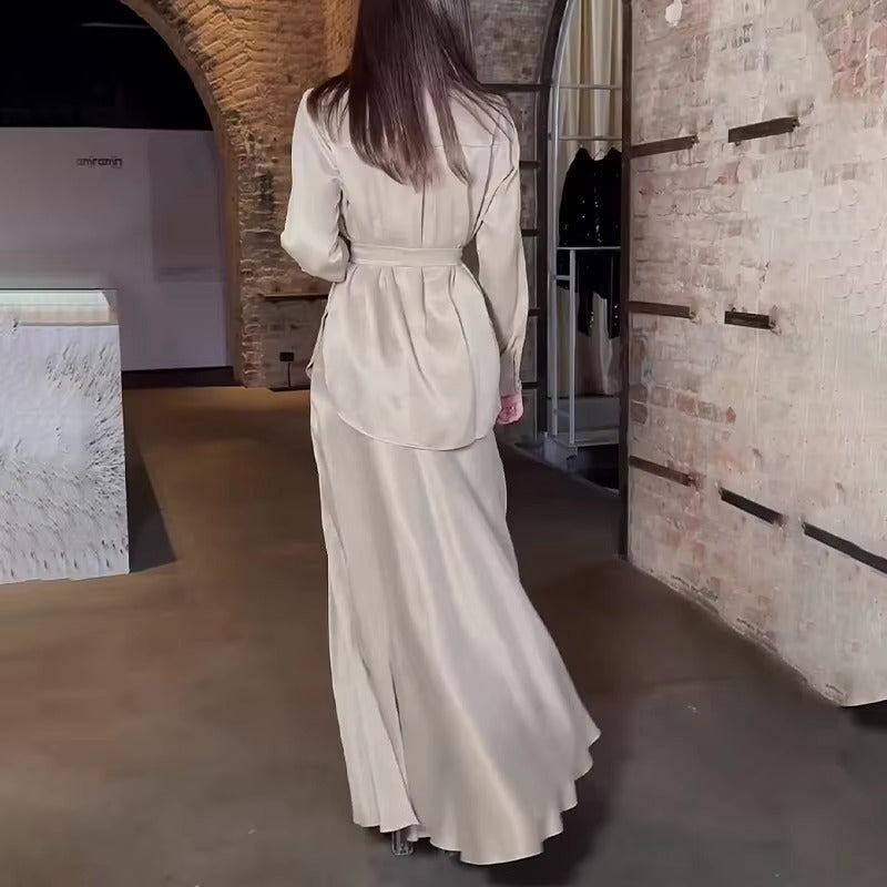 Trendy Solid Color Shirt Lace-up Waist Long Sleeve Casual Loose Dresses