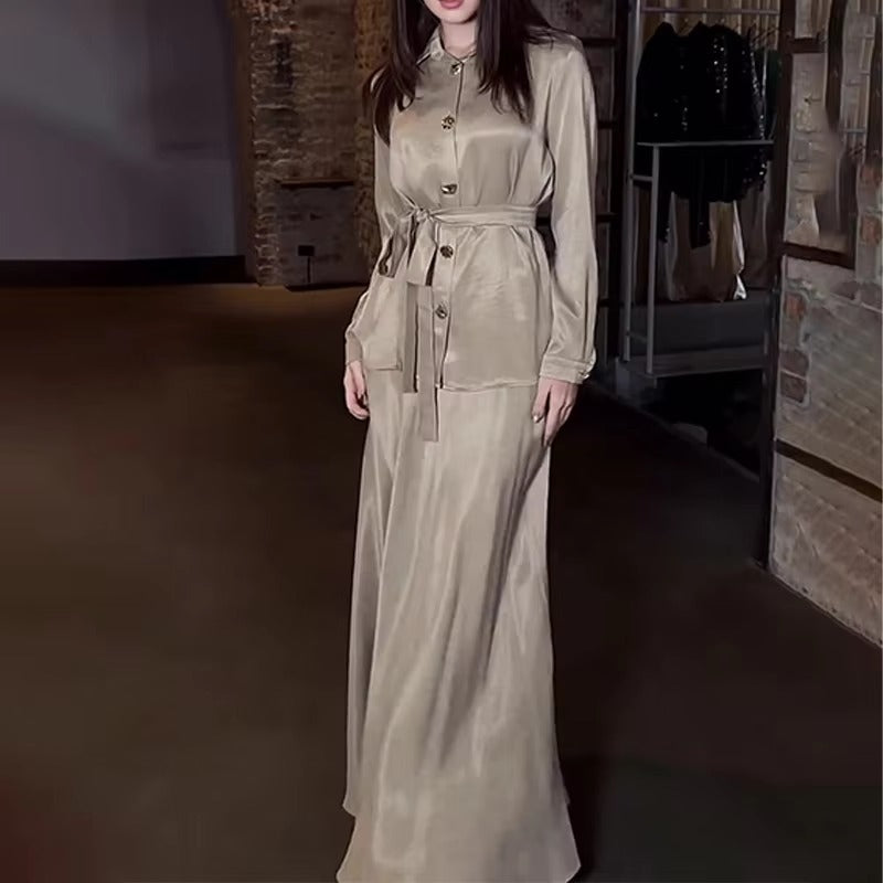 Trendy Solid Color Shirt Lace-up Waist Long Sleeve Casual Loose Dresses