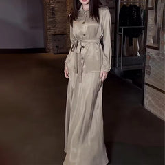 Trendy Solid Color Shirt Lace-up Waist Long Sleeve Casual Loose Dresses