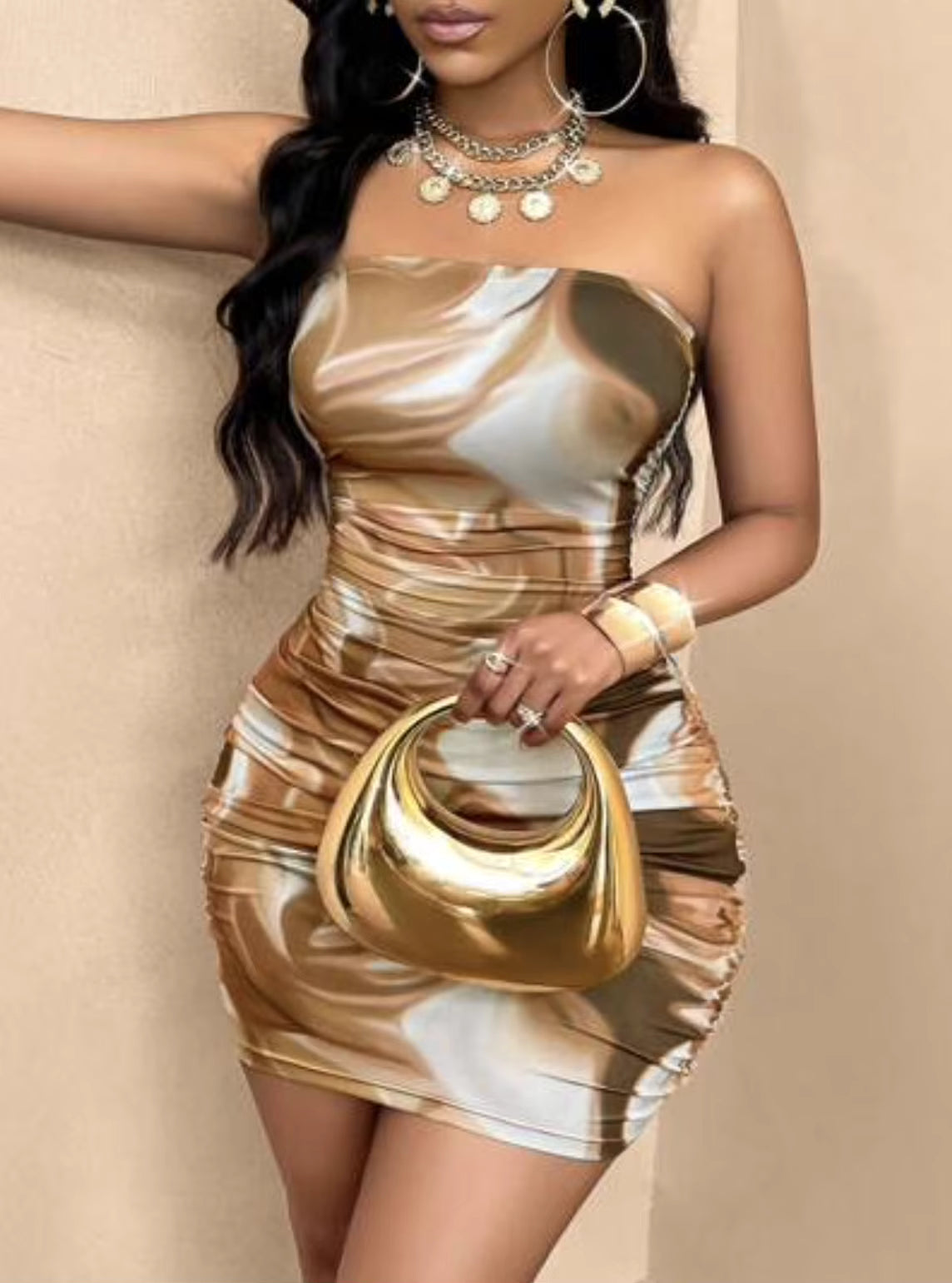 Trendy Strapless Halter Neck Digital Print Full-Length Mini Dress