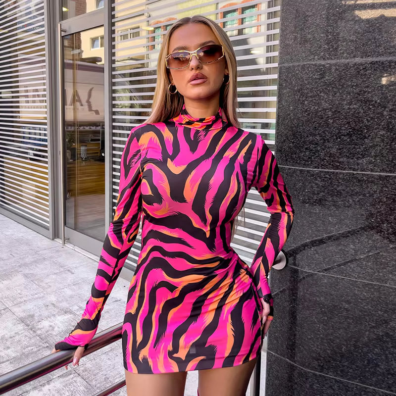 Trendy Striped Sheath Stretchy Long Sleeve Mock Neck Bodycon Printed Mini Dress