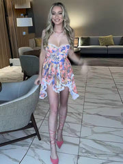 Trendy Stunning Lace Trim Bandage Strap Low Neck Irregular Draped Bodycon Mini Dress