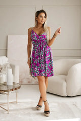 Trendy V-Neck Print Sling Knee-Length Wrap Pleated Dresses