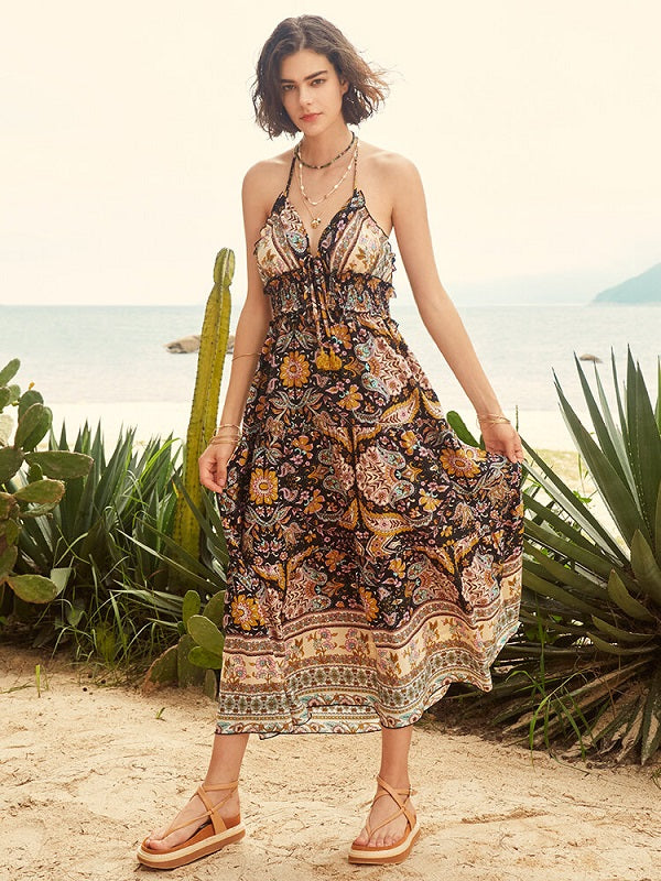 Tribal Flower Print Halter Smocked Waist Maxi Bohemian Dress