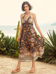 Tribal Flower Print Halter Smocked Waist Maxi Bohemian Dress