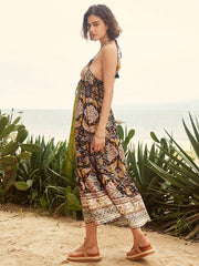 Tribal Flower Print Halter Smocked Waist Maxi Bohemian Dress