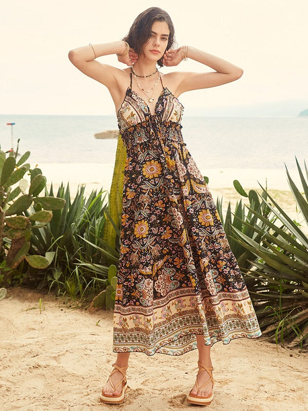 Tribal Flower Print Halter Smocked Waist Maxi Bohemian Dress