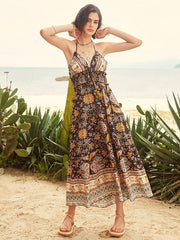 Tribal Flower Print Halter Smocked Waist Maxi Bohemian Dress