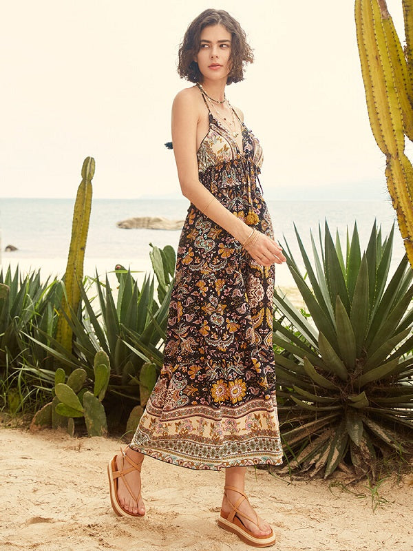 Tribal Flower Print Halter Smocked Waist Maxi Bohemian Dress