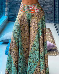 Tribal Pattern V-Neck Sleeveless Spaghetti Strap Crop Tank Shirred High Waist Vacation Wide Leg Pants Set