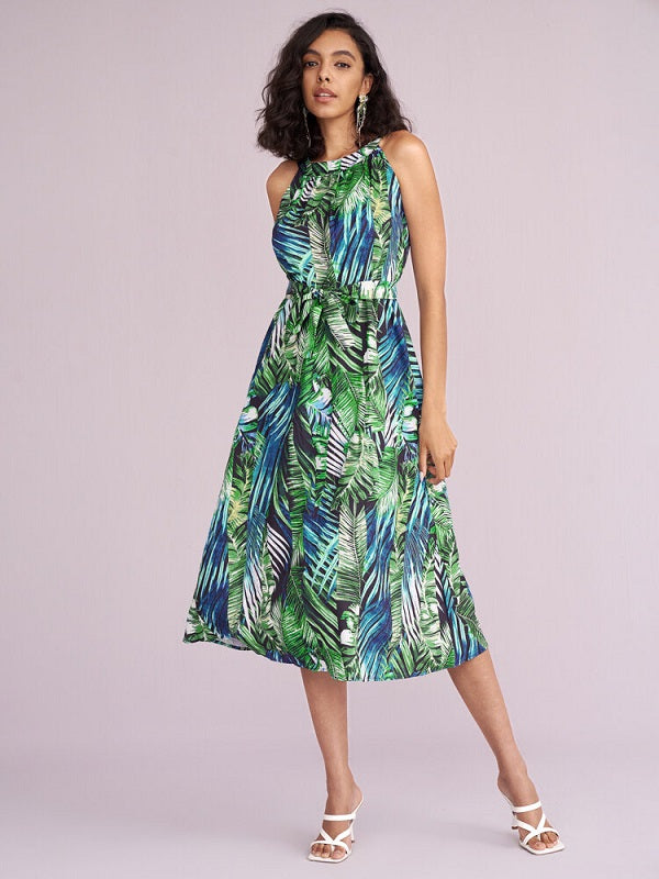 Tropical Leaves Geo Print Sleeveless Midi Dress With Belt