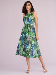 Tropical Leaves Geo Print Sleeveless Midi Dress With Belt