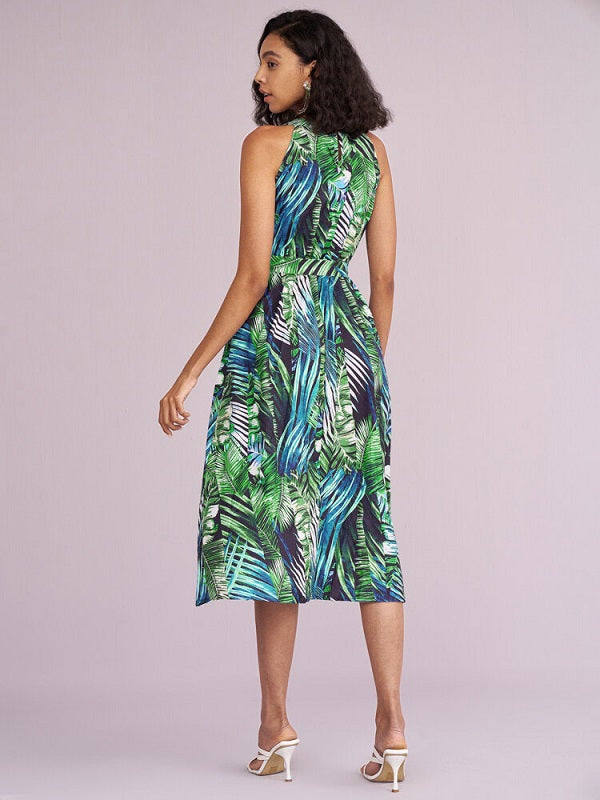 Tropical Leaves Geo Print Sleeveless Midi Dress With Belt