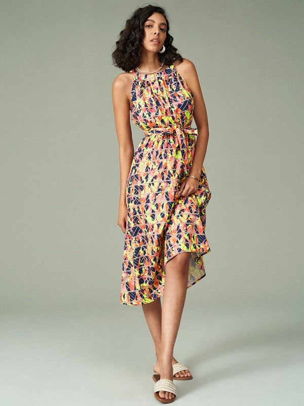 Tropical Leaves Geo Print Sleeveless Midi Dress With Belt