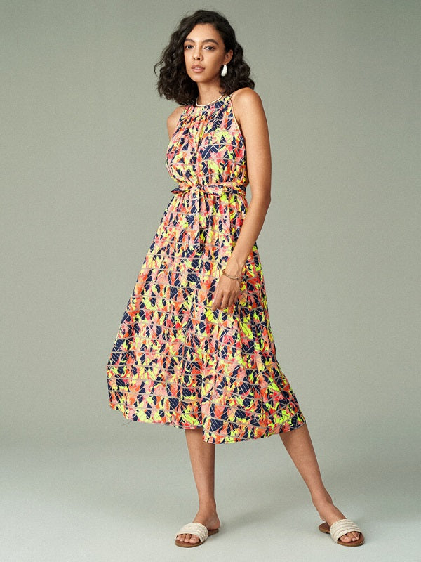 Tropical Leaves Geo Print Sleeveless Midi Dress With Belt